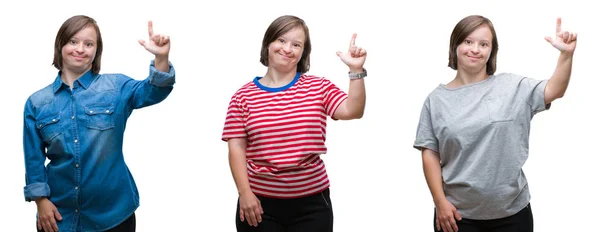 Коллаж Вниз Синдрома Женщина Изолированном Фоне Показывая Указывая Пальцами Номер — стоковое фото