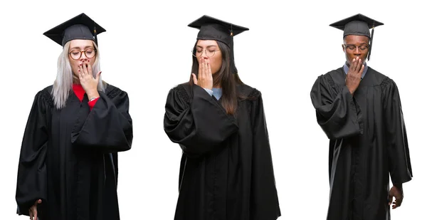 Collage Groupe Jeunes Étudiants Portant Uniforme Universitaire Diplômé Sur Fond — Photo