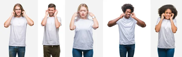 一群年轻人穿着白色 T恤在孤立的背景覆盖耳朵与手指与恼火的表情大声的音乐的噪音拼贴 聋哑人的概念 — 图库照片
