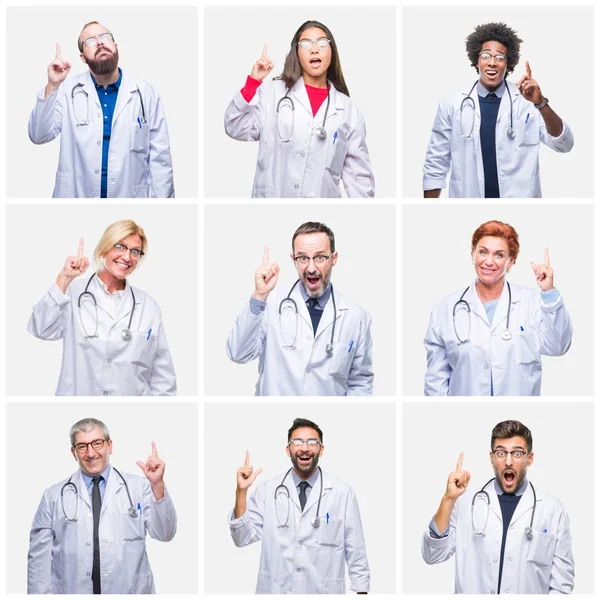 Collage Grupo Médicos Que Usan Estetoscopio Sobre Fondo Aislado Apuntando —  Fotos de Stock