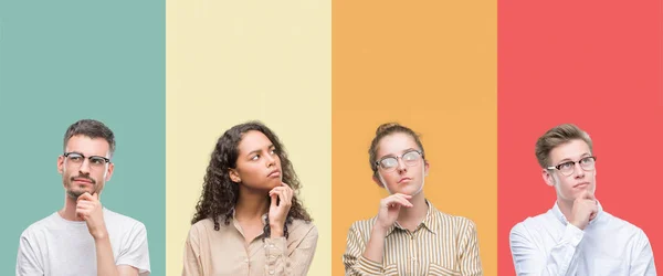 Collage Grupp Människor Isoleras Över Färgstarka Bakgrund Med Hand Hakan — Stockfoto