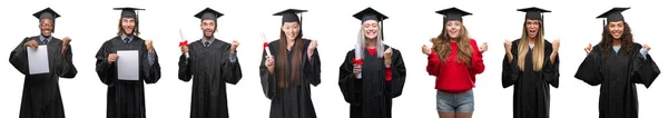 Kollázs Fiatal Diák Emberek Viselt Egységes Univerty Diplomát Elszigetelt Háttérben — Stock Fotó