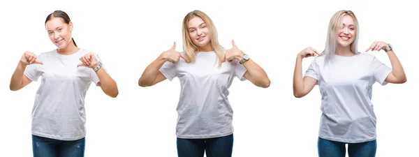 Collage Grupo Mujeres Jóvenes Vestidas Con Camiseta Blanca Sobre Fondo — Foto de Stock