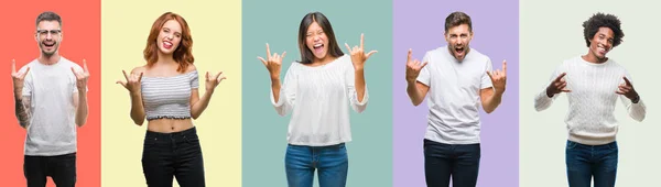 アフリカ系アメリカ人 ヒスパニックおよび人々 を手でロックのシンボルをやって狂った表情で叫んでヴィンテージ色背景の上の中国のグループの組成物 音楽の星 重いコンセプト — ストック写真