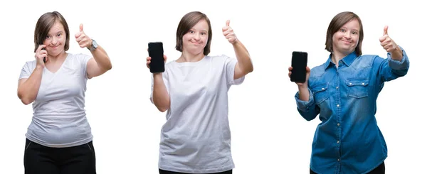 Collage Mujer Del Síndrome Utilizando Teléfono Inteligente Sobre Fondo Aislado — Foto de Stock