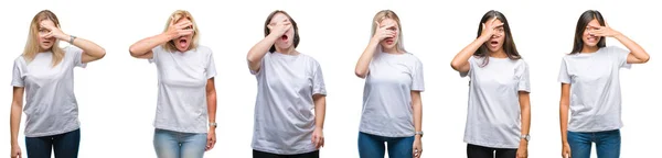 Collage Van Groep Vrouwen Dragen Witte Shirt Geïsoleerde Achtergrond Gluren — Stockfoto