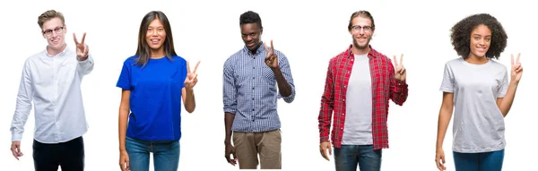 Kolaj Asya Beyaz Afrikalı Amerikalı Gençlerin Gösterilen Parmakları Ile Işaret — Stok fotoğraf