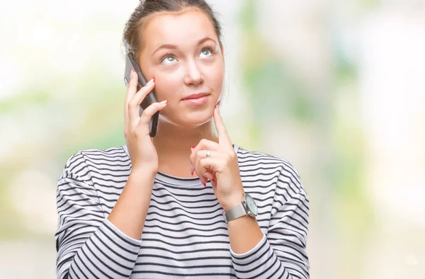 Young Beautiful Caucasian Woman Talking Smartphone Isolated Background Serious Face — Stock Photo, Image
