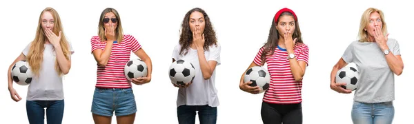 Collage Grupo Mujeres Jóvenes Mayores Sosteniendo Pelota Fútbol Sobre Fondo — Foto de Stock