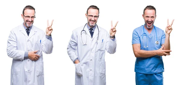 Collage Handsome Senior Hoary Doctor Man Wearing Surgeon Uniform Isolated — Stock Photo, Image