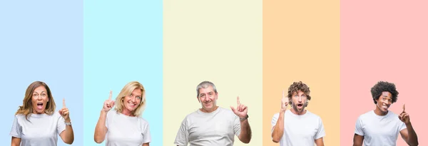 Kolaj Grup Genç Orta Yaş Insanlar Renk Üzerinde Beyaz Tişört — Stok fotoğraf