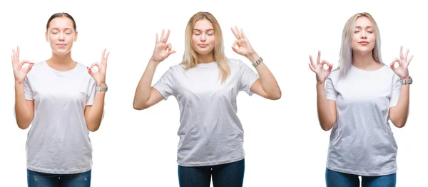 Collage Einer Gruppe Junger Frauen Die Weißes Shirt Über Isoliertem — Stockfoto