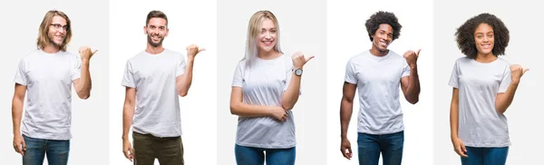 Collage Grupo Jóvenes Con Camiseta Blanca Sobre Fondo Aislado Sonriendo —  Fotos de Stock