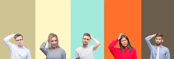 Collage Grupo Jóvenes Sobre Coloridos Antecedentes Aislados Confunden Preguntan Acerca —  Fotos de Stock