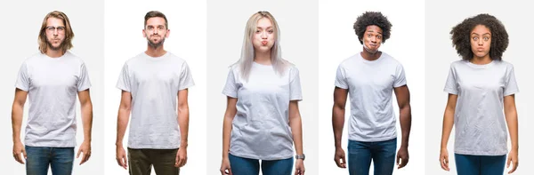 Collage Grupo Jóvenes Con Camiseta Blanca Sobre Fondo Aislado Hinchando —  Fotos de Stock