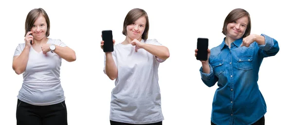 Collage Mujer Del Síndrome Utilizando Teléfono Inteligente Sobre Fondo Aislado — Foto de Stock