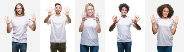 Colagem Grupo Jovens Vestindo Camiseta Branca Sobre Fundo Isolado Mostrando — Fotografia de Stock