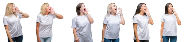 Collage Gruppo Donne Che Indossano Shirt Bianca Sfondo Isolato Urlando — Foto Stock