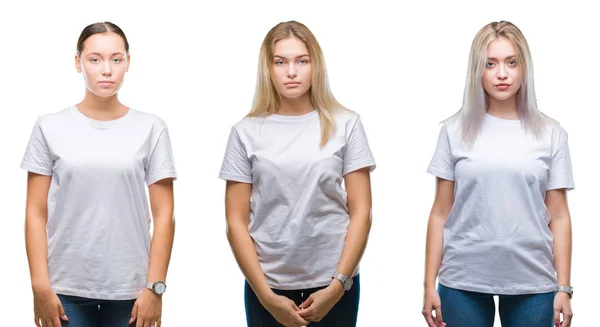 在孤立的背景上穿白色 T恤的年轻女性群体的拼贴 脸上有严重的表情 简单而自然地看着相机 — 图库照片