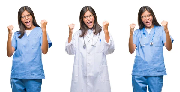 アジアの若い外科医医師や看護師の女性の非常に幸せと興奮の腕を上げ 勝者のジェスチャを行う分離白地の上に立って笑顔で成功のために叫んでコラージュ お祝いのコンセプト — ストック写真