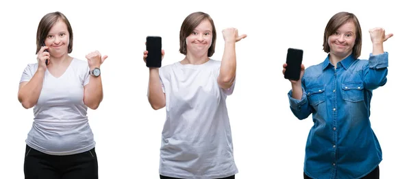 Collage Sydrome Woman Using Smartphone Isolated Background Pointing Showing Thumb — Stock Photo, Image