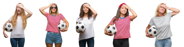Collage Group Young Senior Women Holding Soccer Ball Isolated Background — Stock Photo, Image