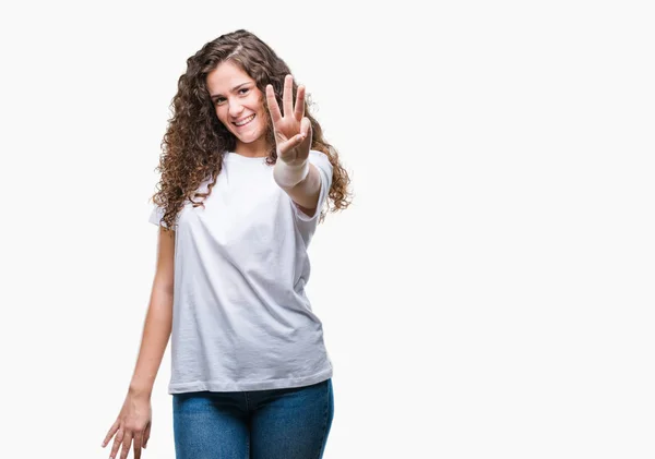 Linda Morena Cabelo Encaracolado Jovem Vestindo Shirt Casual Sobre Fundo — Fotografia de Stock