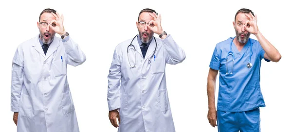 Collage Handsome Senior Hoary Doctor Man Wearing Surgeon Uniform Isolated — Stock Photo, Image