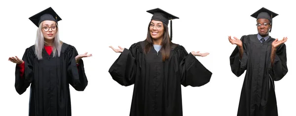 Collage Grupo Jóvenes Estudiantes Con Uniforme Graduación Universidad Sobre Fondo —  Fotos de Stock