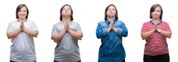 Коллаж Синдрома Дауна Женщина Изолированном Фоне Молиться Руками Вместе Просить — стоковое фото