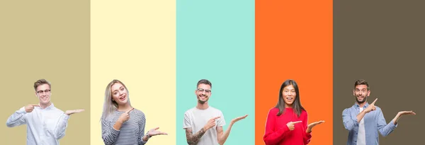 Collage Grupp Ungdomar Över Färgglada Isolerade Bakgrund Förvånade Och Ler — Stockfoto