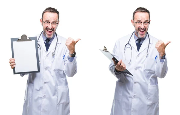 拼贴画英俊的年长的医生人持有剪贴板在孤立的背景指向和显示与拇指面带笑脸微笑 — 图库照片