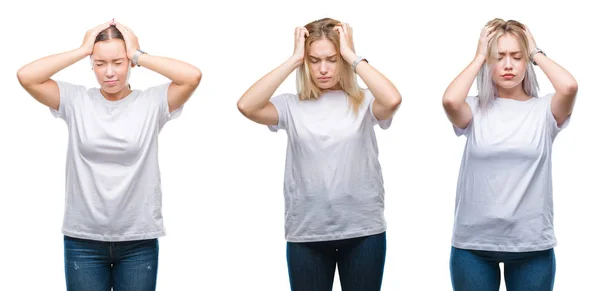Collage Group Young Women Wearing White Shirt Isolated Background Suffering — Stock Photo, Image