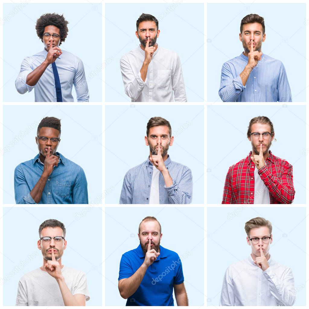 Collage of group of business and casual men over isolated background asking to be quiet with finger on lips. Silence and secret concept.