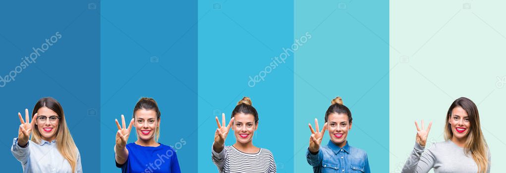 Collage of young beautiful woman over blue stripes isolated background showing and pointing up with fingers number three while smiling confident and happy.