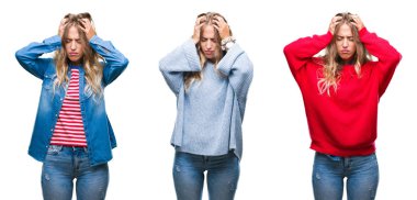 Çünkü çaresiz ve stresli baş ağrısı acı beyaz izole arka plan üzerinde genç güzel bir genç kadın acı ve migren. Ellerini kafasına.