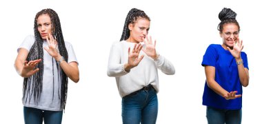 Kolaj izole arka plan güzel örgülü saç Afrikalı-Amerikalı kadın bir tiksinti ifadesi, memnun ve korkulu tiksinti yüz yapıyorsun çünkü nefret tepki. Elleriyle kaldırdı. Sinir bozucu kavramı.