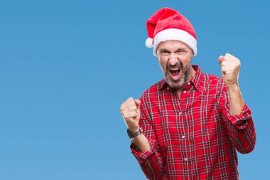 Gülümseyen ve başarı için çığlık izole arka plan çok mutlu ve heyecanlı kaldırdı, silah ile kazanan jest yapıyor üzerinde Noel şapka orta yaş ağarmış komuta sizde. Kutlama kavramı.