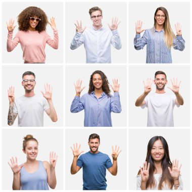 Kolaj Grup Genç insanlar kadın ve erkekler gösterilen ve parmakları ile işaret beyaz solated arka plan üzerinde bir numara 9 kendinden emin ve mutlu gülümseyerek süre.