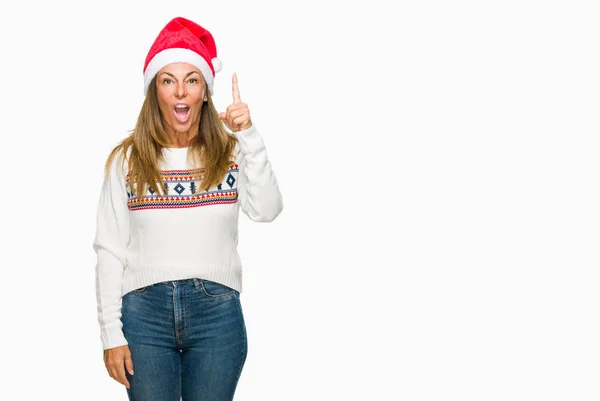 Donna Adulta Mezza Età Indossa Maglione Invernale Cappello Chrismat Sfondo — Foto Stock