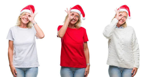 Collage Beautiful Middle Age Blonde Woman Wearing Christmas Hat White — Stock Photo, Image