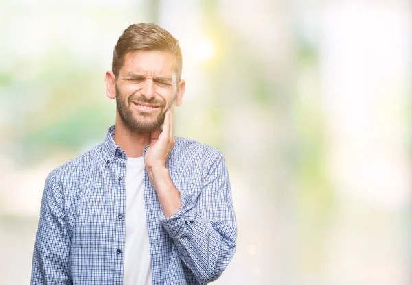 Jonge Knappe Man Dragen Witte Shirt Geïsoleerde Achtergrond Mond Met — Stockfoto