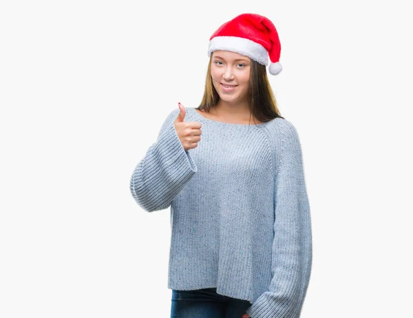 Giovane Bella Donna Caucasica Indossa Cappello Natale Sfondo Isolato Facendo — Foto Stock