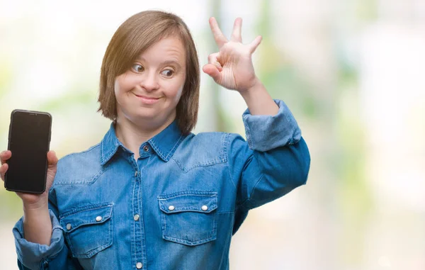 Young Adult Woman Syndrome Showing Smartphone Screen Isolated Background Doing — Stock Photo, Image