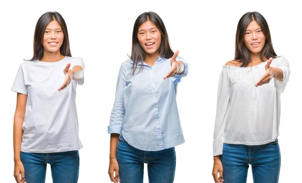 Colagem Asiático Jovem Mulher Sobre Branco Isolado Fundo Sorrindo Amigável — Fotografia de Stock