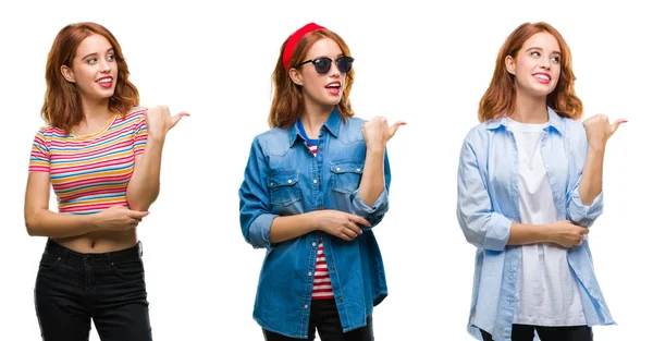 Collage Ung Vacker Rödhårig Kvinna Över Isolerade Bakgrund Leende Med — Stockfoto