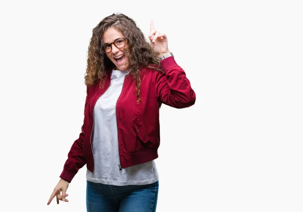 Beautiful Brunette Curly Hair Young Girl Wearing Jacket Glasses Isolated — Stock Photo, Image