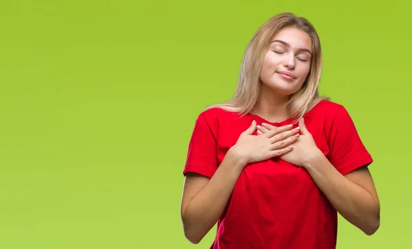 Mujer Caucásica Joven Sobre Fondo Aislado Sonriendo Con Las Manos — Foto de Stock