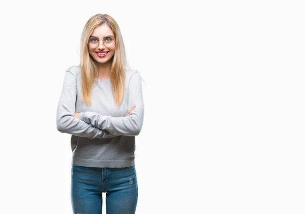 Jovem Mulher Loira Bonita Usando Óculos Sobre Fundo Isolado Rosto — Fotografia de Stock