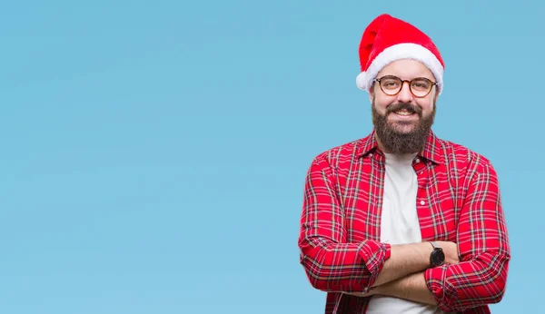 Jeune Homme Caucasien Portant Chapeau Noël Sur Fond Isolé Heureux — Photo